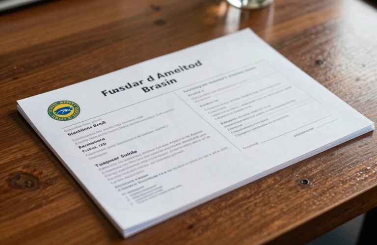A focused shot of professional credentials and vehicle documents on a polished wood table, reflecting a South American / Brazilian corporate style.