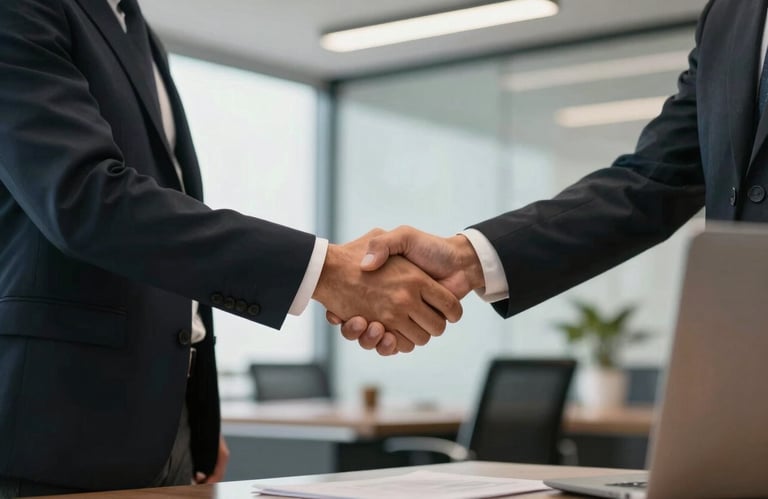 A firm handshake between a consultant and a client in a modern South American / Brazilian office, conveying success and agreement.
