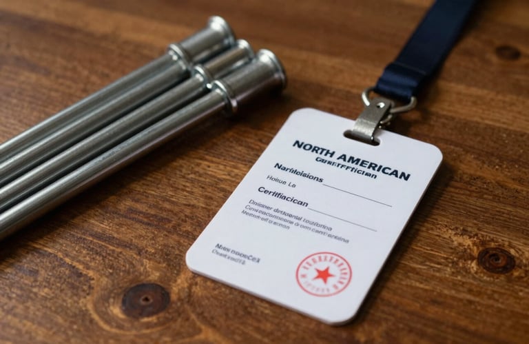 Photography of a professional certification badge and a set of steel chimney rods on a wooden table, warm lighting, rich brown and warm tan tones, North American / US context.