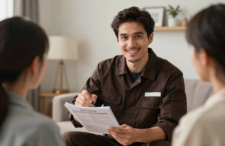 Photography of a friendly technician in a dark chocolate brown uniform explaining a maintenance report to a homeowner in a North American / US living room.