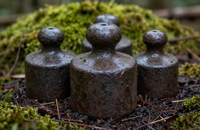 Close-up of vintage heavy iron weights resting on dark soil and wet green moss in a forest setting. Masculine and grounded aesthetic.