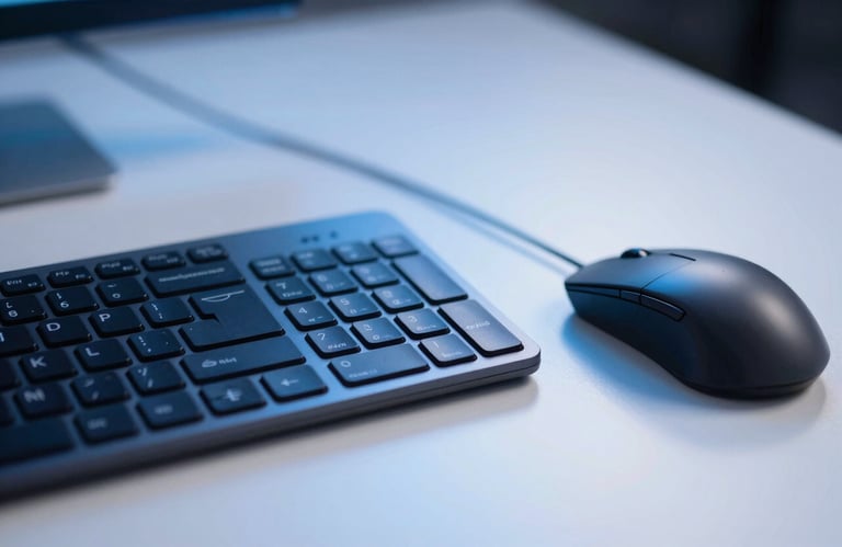 A macro photograph of a high-tech keyboard and mouse on a clean white desk, with soft light blue and dark blue ambient lighting, conveying a sense of innovation.
