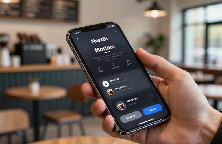 A high-quality close-up of a hand holding a sleek smartphone showing a modern, responsive user interface, set against a blurred background of a trendy North American coffee shop.