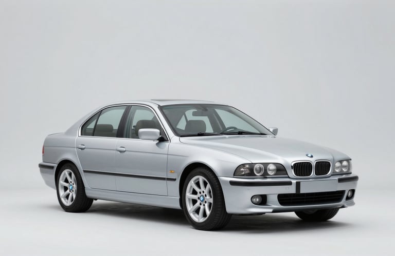 A high-end, clean studio shot of a classic silver BMW E39 sedan, presented as a desirable asset. Soft, professional lighting that emphasizes the bodywork. Colors consistent with the #F8F9FA light brand background.