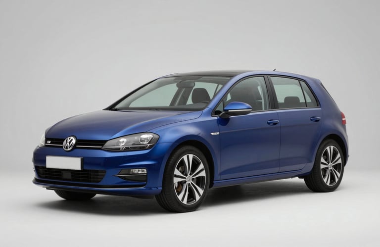 A clean shot of a blue VW Golf V hatchback in a professional automotive studio. The lighting is bright and even, reinforcing the trust and transparency of Automeile.