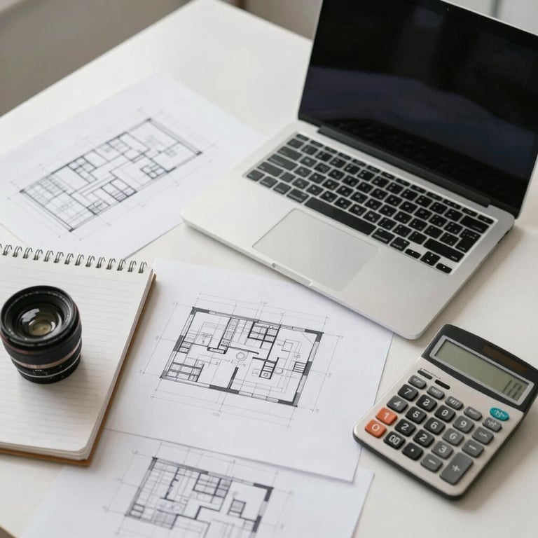 Architectural floor plans on a desk with a laptop, calculator, and camera lens for project planning.