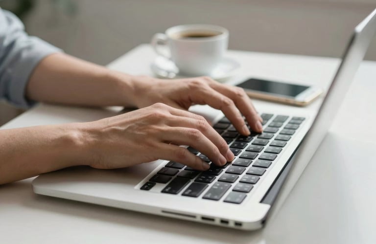 A close-up of human hands typing on a sleek silver laptop in a bright environment. On the desk is a white smartphone and a cup of coffee. Professional Central European style.