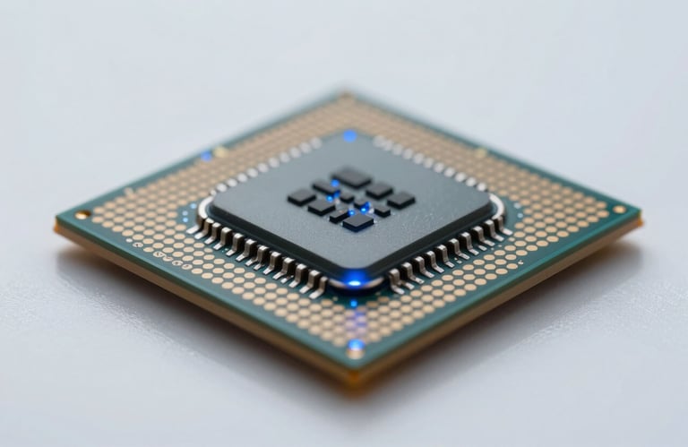 A close-up of a high-tech processor chip glowing with soft light blue light, reflecting on a polished white surface. High-quality, professional tech photography.