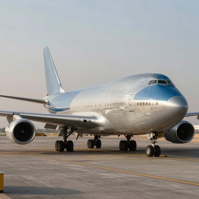 A detailed photography shot of a silver cargo plane being loaded on a tarmac during a hazy desert afternoon in the Middle Eastern / Gulf. The muted blue and slate blue tones of the fuselage highlight precision and global reach.