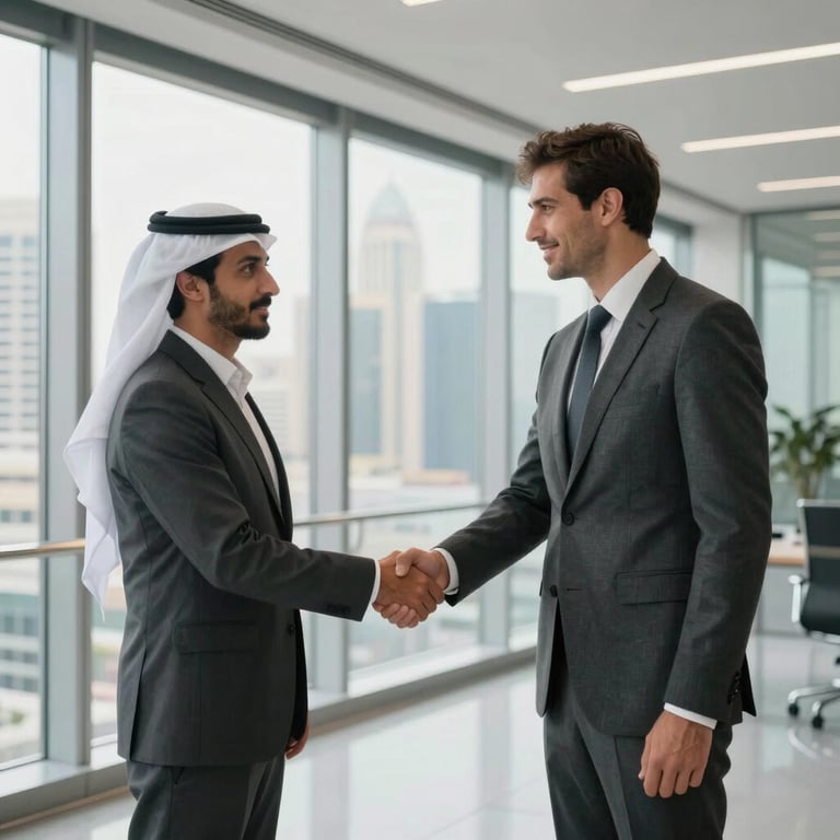 Two business professionals in formal attire shaking hands in a high-end, modern glass-walled office overlooking a city in the Middle Eastern / Gulf. The interior features light gray and silver decor, conveying trust and reliability.