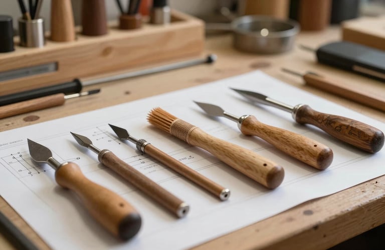 Macro shot of professional wood carving tools and plans on a workbench in a clean, modern workshop, warm lighting, North American style.