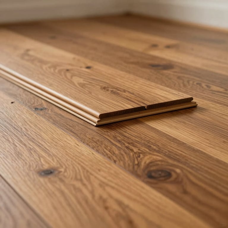 Detailed view of a new hardwood floor installation, showing the polished finish and precise joints under warm, welcoming indoor lighting.