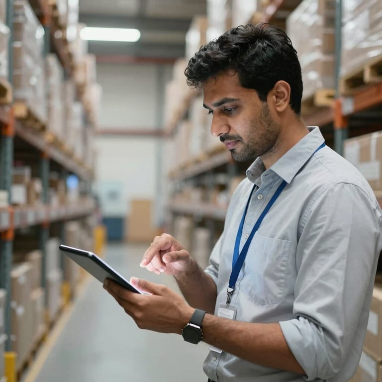 A professional logistics manager pointing at a tablet in a large Serbian distribution center, Eastern European / Balkan, with South Asian / Southeast Asian focus, shallow depth of field, light grey and blue tones.