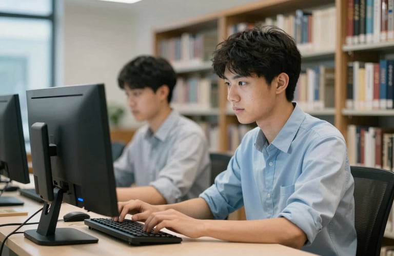 A student working at a high-end desktop computer in a sleek, professional library setting, focused and empowered, lighting is sharp and professional, utilizing #0A2B2E and #E0D7C4 colors.