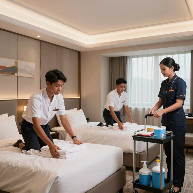 A professional Southeast Asian / Indonesian hotel staff member smiling in a luxury hotel reception in Germany, warm lighting, high-end hospitality environment.