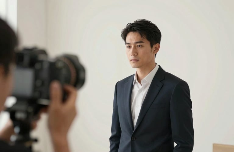 A high-end corporate portrait session in progress, featuring soft lighting and a minimalist off-white aesthetic.