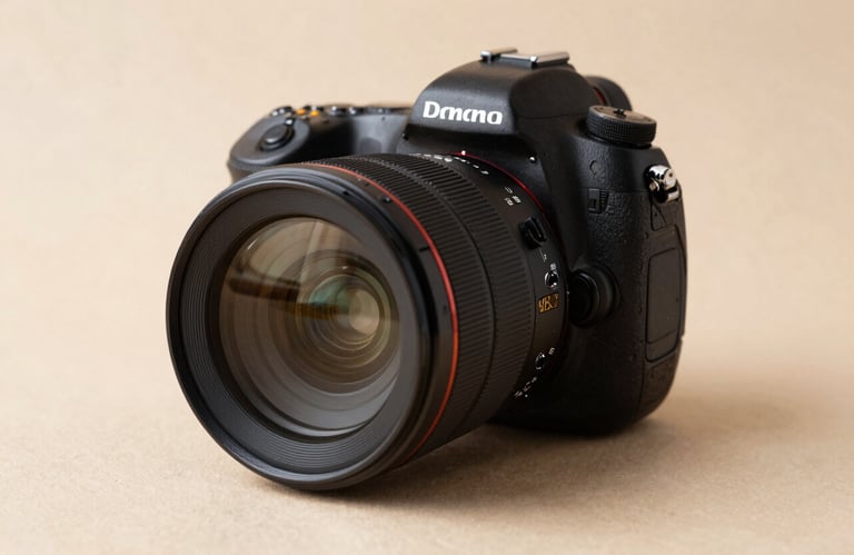 A professional DSLR camera lens on a soft tan surface, showing high-end glass and precision craftsmanship.