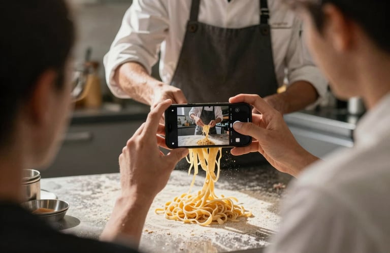 A behind-the-scenes shot of a content creator using a smartphone to film a chef tossing pasta in a sunlit kitchen.
