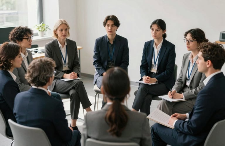 A group of professionals in a Western European / French workspace sitting in a circle for a meeting, focused and respectful expressions, soft morning lighting.