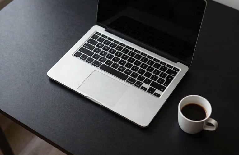 A minimalist, top-down photograph of a premium black desk with a high-end silver laptop and a single espresso cup, Global / International style.