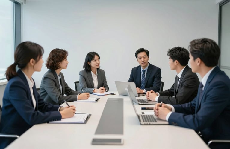 A professional collaborative meeting taking place in a minimalist conference room with blue and white tones in North American / International Business.
