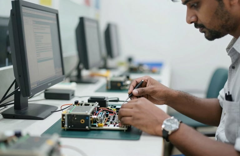 A technician hands-on with high-tech computer components in a bright South Asian / Indian repair center, soft-white lighting, focus on precision.