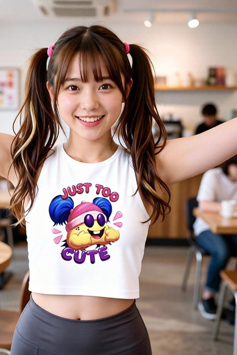 A teenaged girl proudly showing off her Just Too Cute white crop top featuring BeeBee with words.