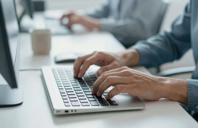 A close up of hands typing on a modern keyboard in a well-lit office, representing the Smart Sphere team at work, colors #4E6D8F and #F5F3F2.