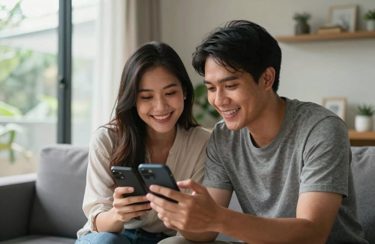 A happy Southeast Asian / Thai couple in their modern sunlit living room, looking at their phone and smiling, representing the peace of mind from lower bills, high-end photography.