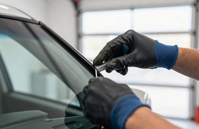 Close-up of a technician's hands in professional work gloves carefully inspecting a newly installed windshield, focus on the seamless seal and precision fit, North American garage setting with bright, clinical lighting.