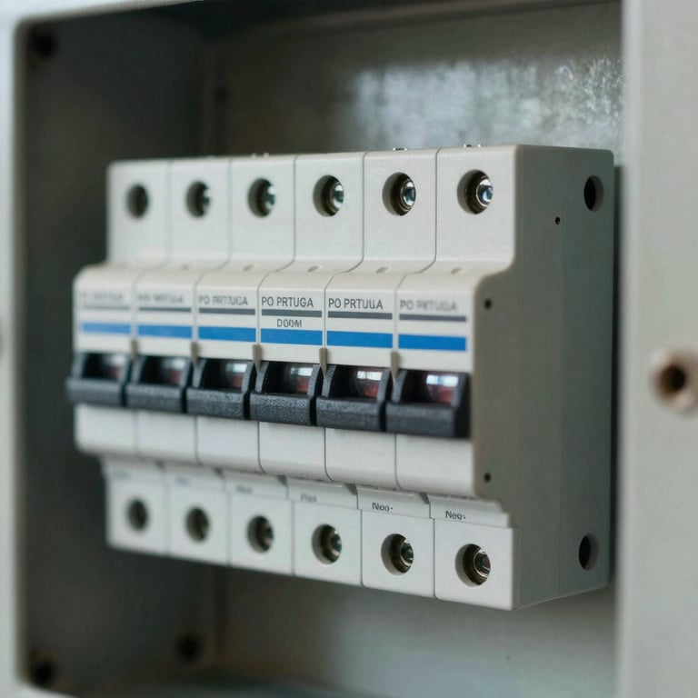 Close up of a high-quality circuit breaker panel with labeled switches, reflecting professionalism and safety, in a Portuguese home.