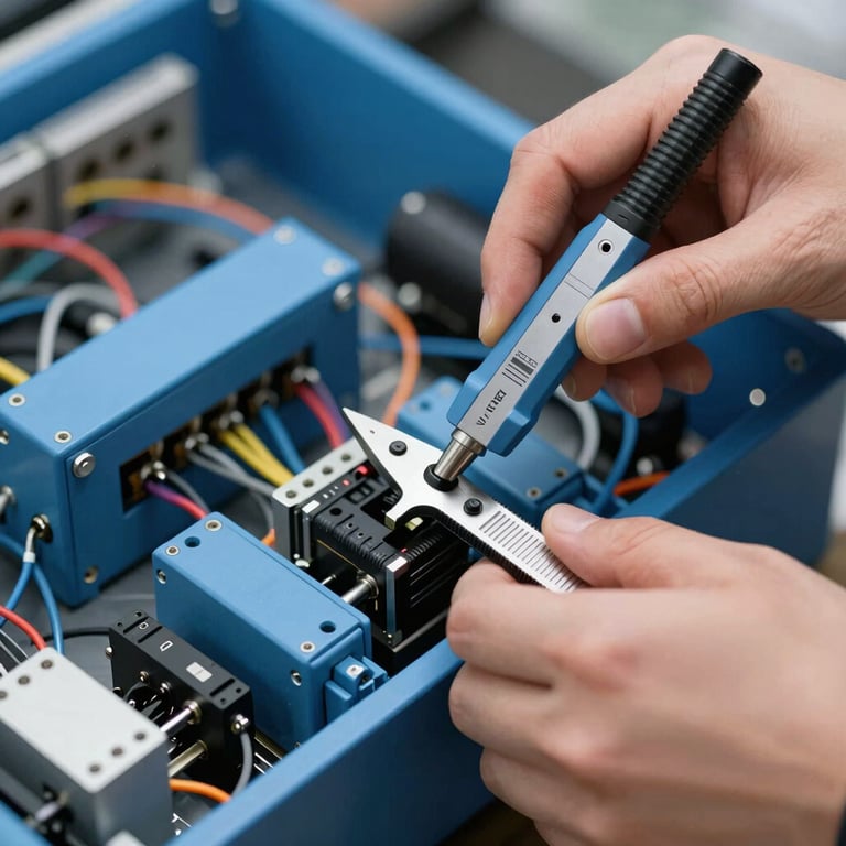 Close up of hands using professional measurement tools on a complex wiring system, clean and sharp imagery, deep blue and light blue colors.