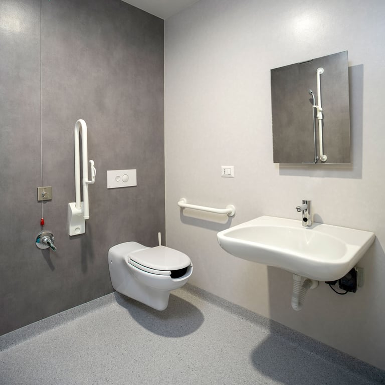 Modern accessible bathroom with wall-mounted toilet, grab bars, and ergonomic sink for disabled users.