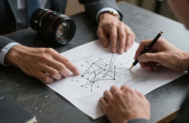 Close-up of professional hands reviewing a strategic blueprint on a dark slate grey table. Focused cinematic lighting.