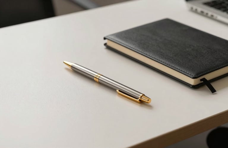 A high-end minimalist office desk with a soft off-white surface, a slim metallic pen, and a premium notebook. Soft gold highlights on the metal objects.