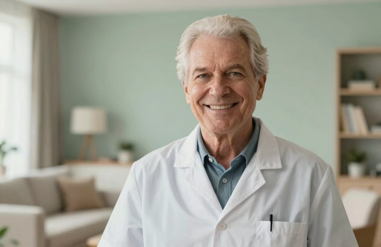 A professional portrait of a senior care advisor smiling warmly, standing against a blurred background of a modern senior residence decorated in pale misty green and warm cream.