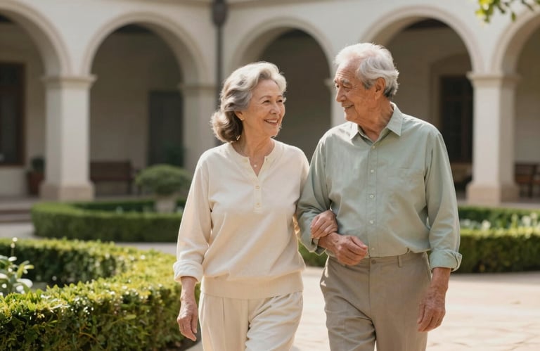 A horizontal photo of a senior couple enjoying a walk through a manicured courtyard, wearing soft warm cream and muted sage green clothing, conveying health and ease.