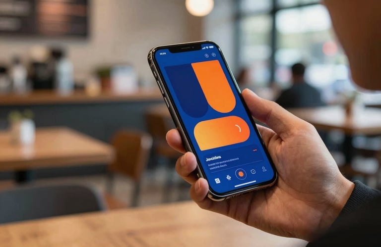 A person in a North American cafe setting holding a smartphone that displays a vibrant, modern app interface with deep blue and orange themes.