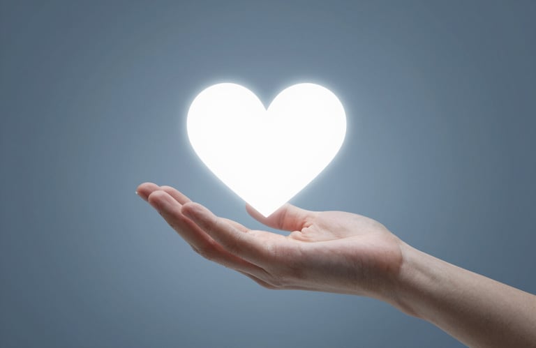 A minimalist graphic of a hand holding a glowing heart icon, representing the human touch in digital design, using #3E6F7F.