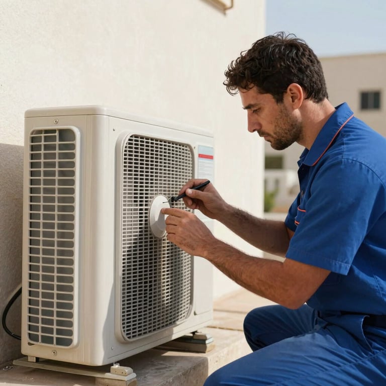 A professional technician inspecting an outdoor AC unit against a clean wall in a sunny Middle Eastern / Gulf residential area.