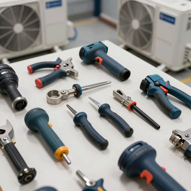 Professional maintenance tools for air conditioning units laid out neatly on a clean surface, professional lighting, industrial blue and steel gray tones.