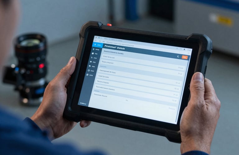 Hands of a technician holding a professional diagnostic tablet showing system logs in a garage with Steel Blue lighting.