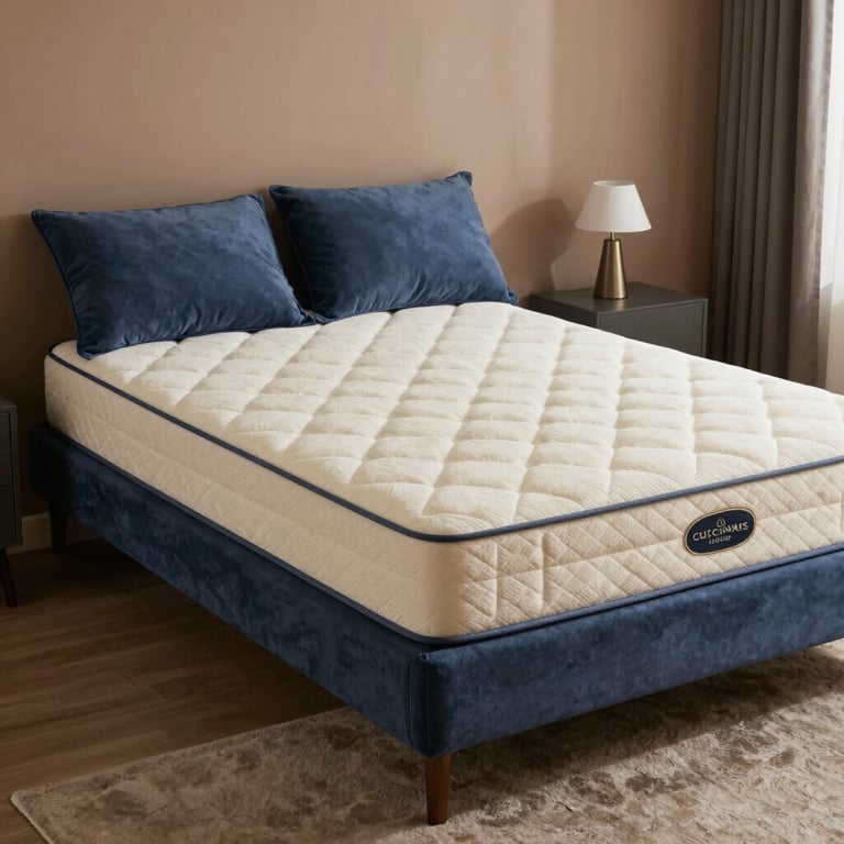 A cozy modern bedroom showcasing a comfortable mattress and bed with soft blue accents.