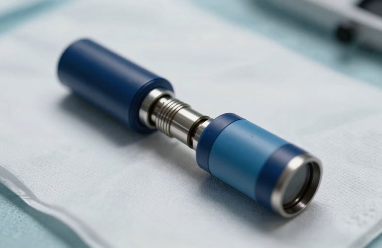 A macro photograph of a high-precision medical sensor with deep blue and muted blue accents on a white surgical textile, soft natural light.