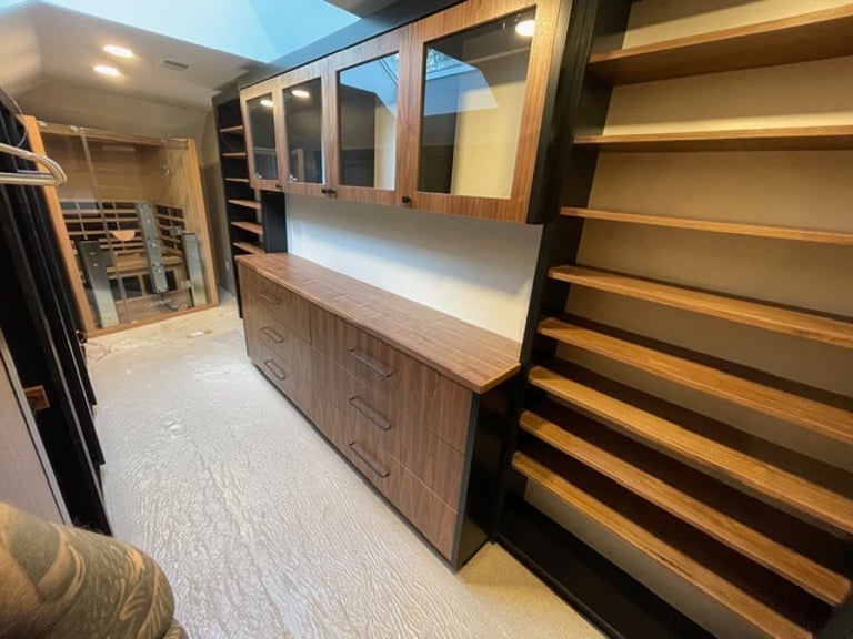 Handmade luxury closet, designed, built and installed by Pearce Woodworks Detroit.