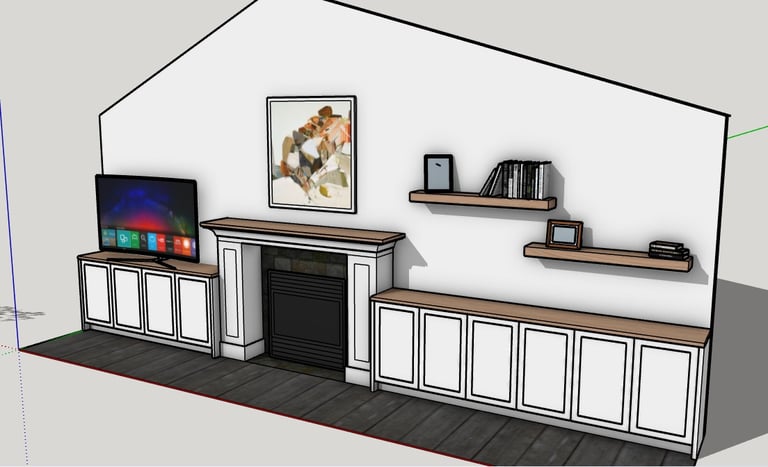 3D design project sketch of a Pearce Woodworks Detroit built-in wall unit and custom cabinetry.