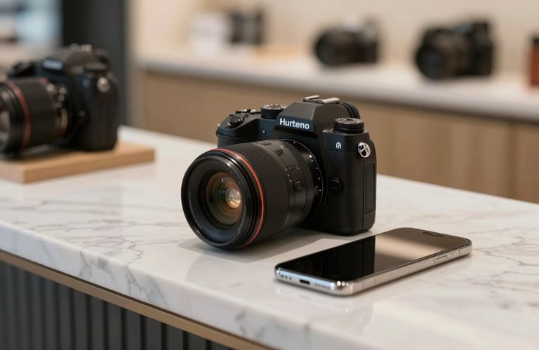 An aesthetic photo of a professional camera and a smartphone on a marble counter in a chic Hudson Valley boutique, reflecting modern expertise.
