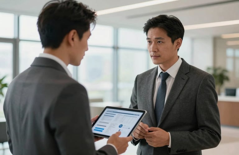 A professional North American businessman in a tailored suit reviewing a digital report on a tablet in a bright, modern corporate lobby.