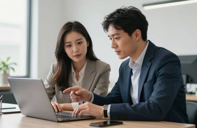 Two professional colleagues in business casual attire discussing a project over a laptop in a bright, modern, minimalist office space.