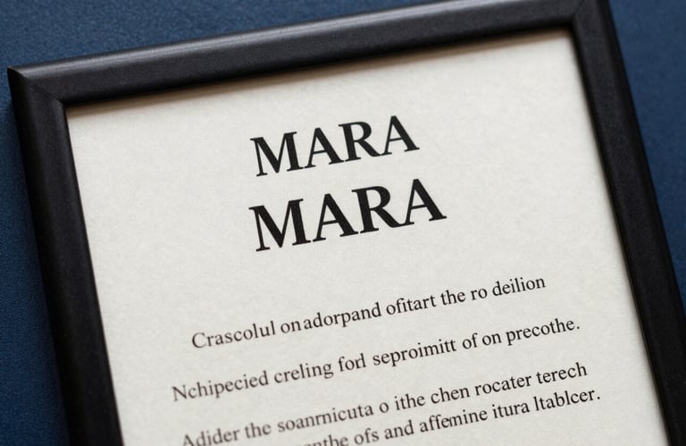 A close-up of a MARA registration certificate in a high-quality frame, symbolizing official authority and trust, set against a dark blue background.